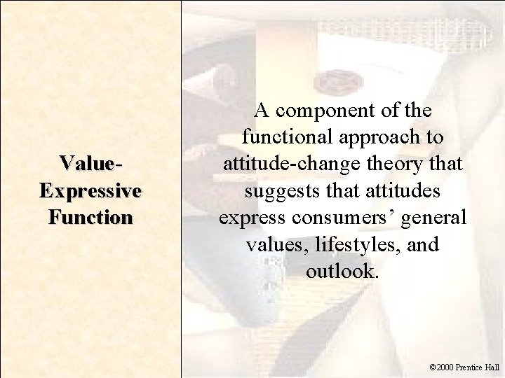 Value. Expressive Function A component of the functional approach to attitude-change theory that suggests