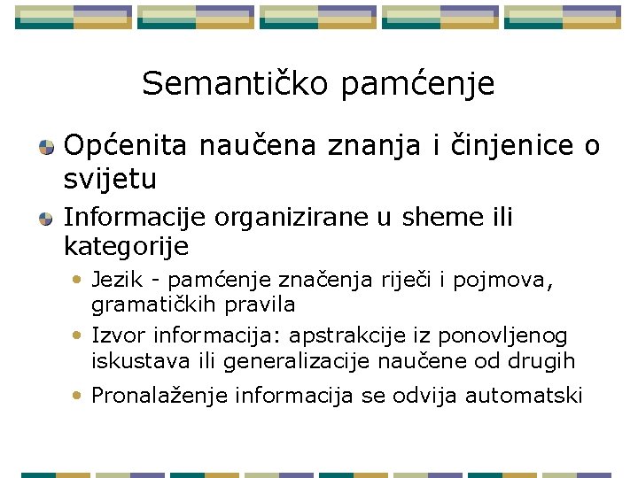 Semantičko pamćenje Općenita naučena znanja i činjenice o svijetu Informacije organizirane u sheme ili