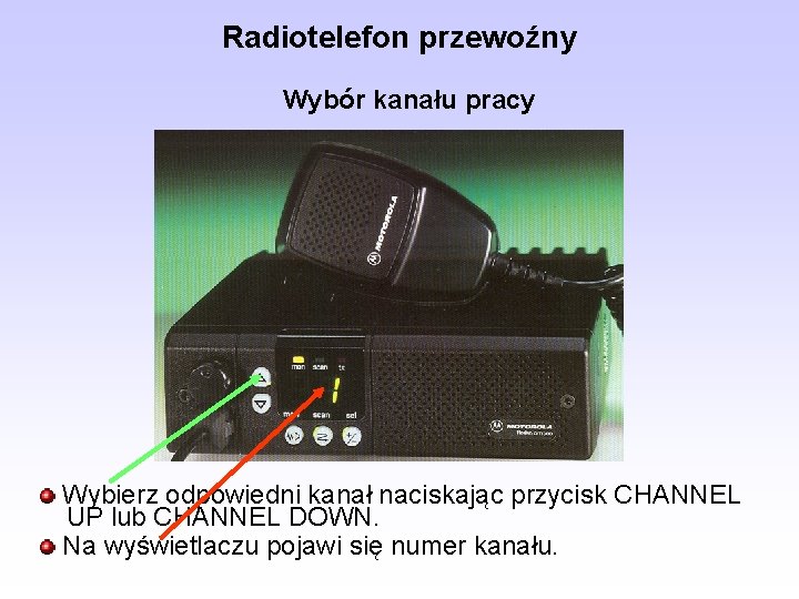 Radiotelefon przewoźny Wybór kanału pracy Wybierz odpowiedni kanał naciskając przycisk CHANNEL UP lub CHANNEL