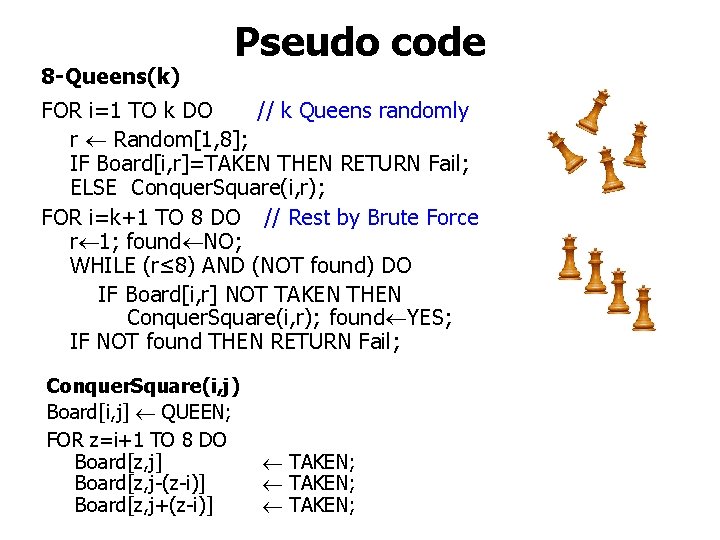 8 -Queens(k) Pseudo code FOR i=1 TO k DO // k Queens randomly r