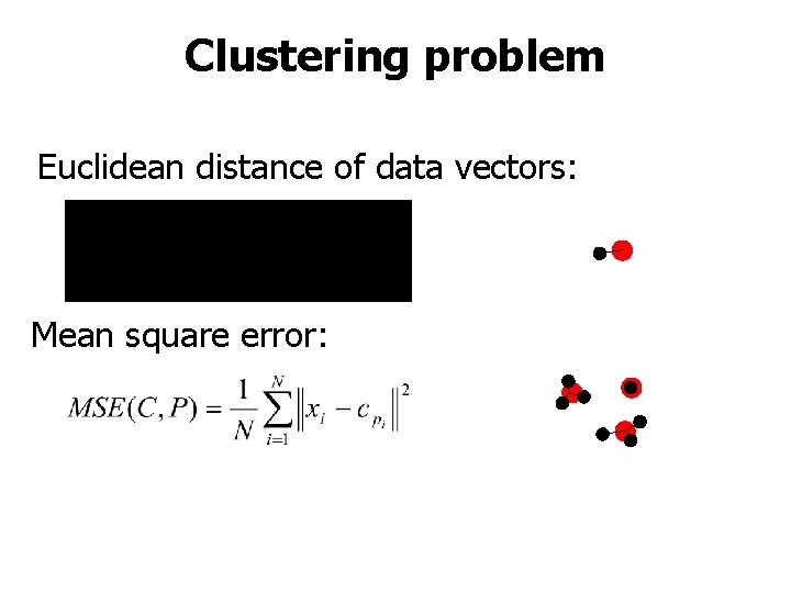 Clustering problem Euclidean distance of data vectors: Mean square error: 