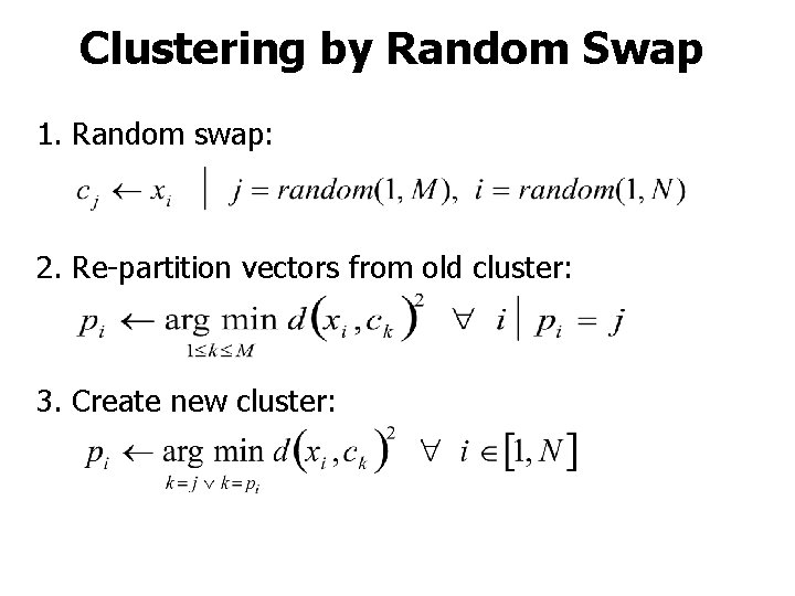 Clustering by Random Swap 1. Random swap: 2. Re-partition vectors from old cluster: 3.