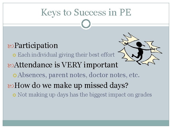 Keys to Success in PE Participation Each individual giving their best effort Attendance is