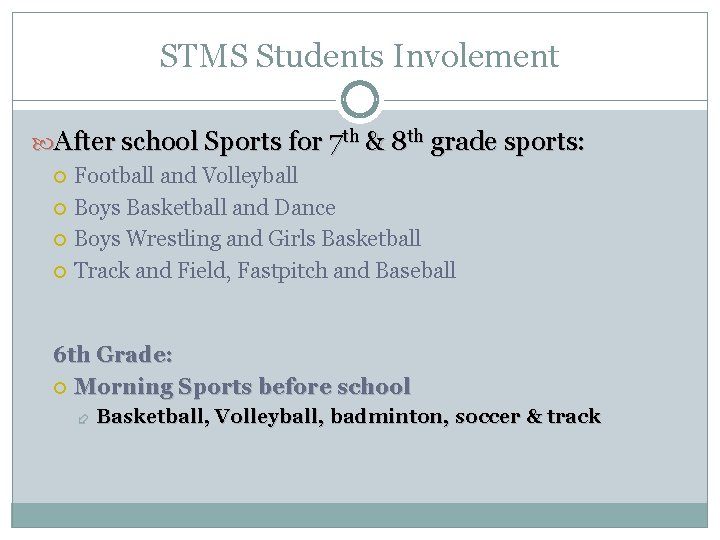 STMS Students Involement After school Sports for 7 th & 8 th grade sports: