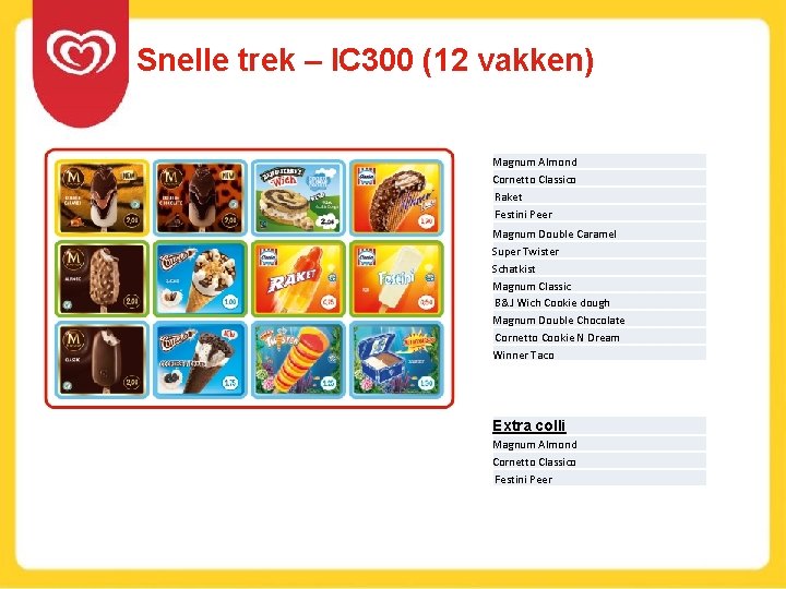 Snelle trek – IC 300 (12 vakken) Magnum Almond Cornetto Classico Raket Festini Peer