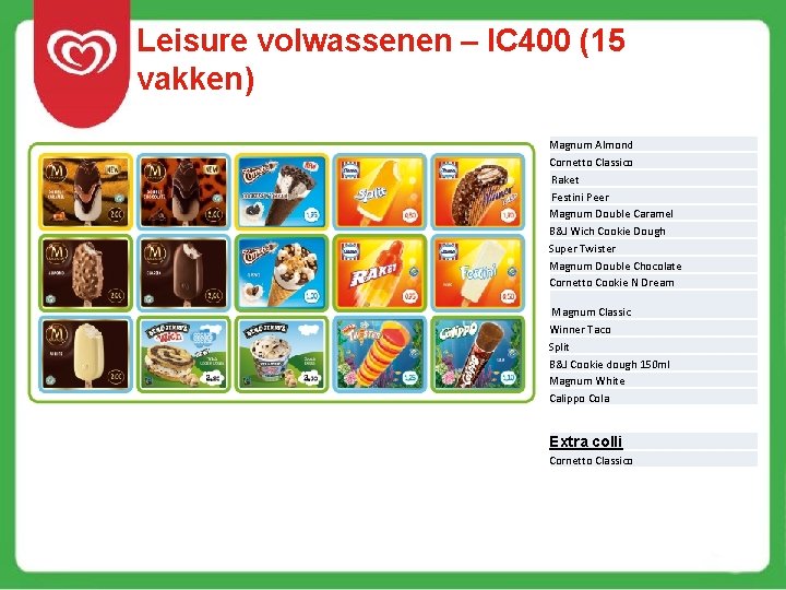 Leisure volwassenen – IC 400 (15 vakken) Magnum Almond Cornetto Classico Raket Festini Peer