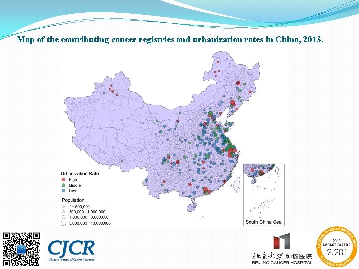 Map of the contributing cancer registries and urbanization rates in China, 2013. 