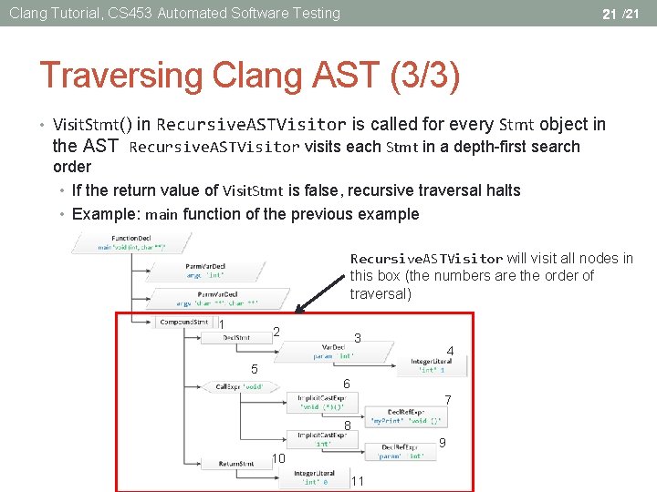 Clang Tutorial, CS 453 Automated Software Testing 21 /21 Traversing Clang AST (3/3) •