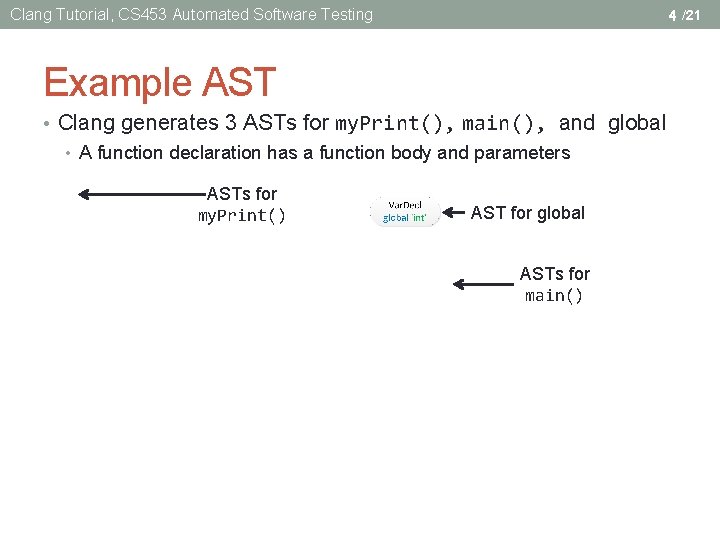 Clang Tutorial, CS 453 Automated Software Testing 4 /21 Example AST • Clang generates