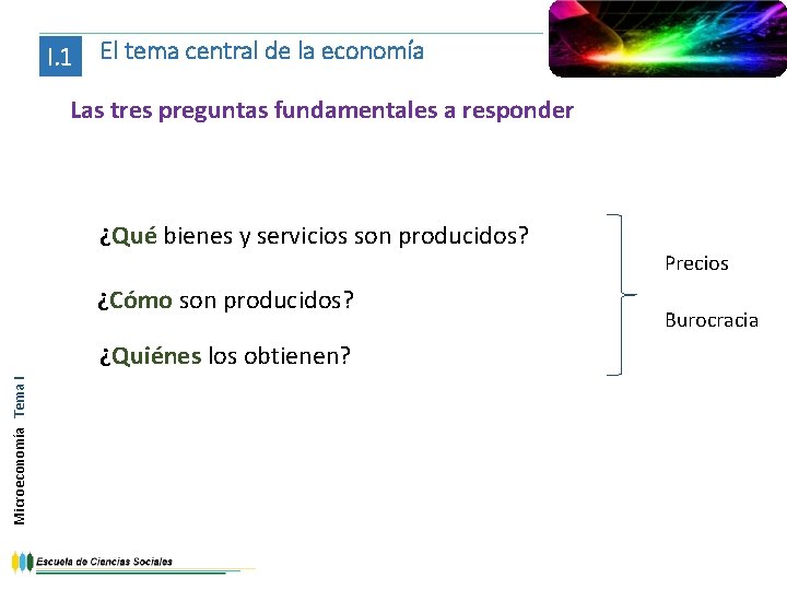 I. 1 El tema central de la economía Las tres preguntas fundamentales a responder