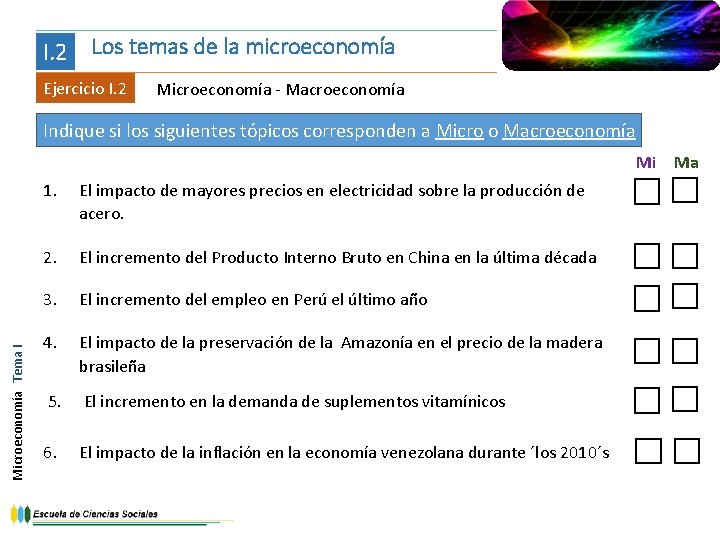 I. 2 Los temas de la microeconomía Ejercicio I. 2 Microeconomía - Macroeconomía Indique