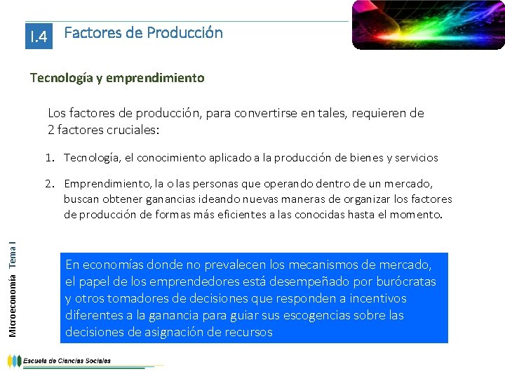 I. 4 Factores de Producción Tecnología y emprendimiento Los factores de producción, para convertirse