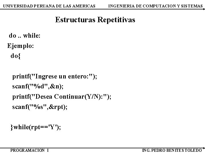 UNIVERSIDAD PERUANA DE LAS AMERICAS INGENIERIA DE COMPUTACION Y SISTEMAS Estructuras Repetitivas do. .