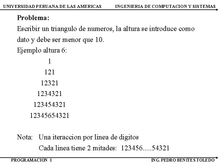 UNIVERSIDAD PERUANA DE LAS AMERICAS INGENIERIA DE COMPUTACION Y SISTEMAS Problema: Escribir un triangulo