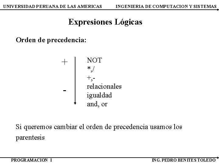 UNIVERSIDAD PERUANA DE LAS AMERICAS INGENIERIA DE COMPUTACION Y SISTEMAS Expresiones Lógicas Orden de