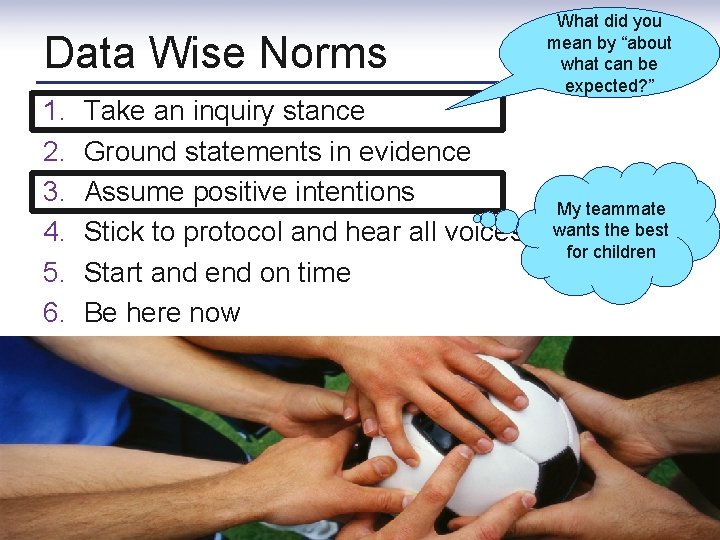 Data Wise Norms 1. 2. 3. 4. 5. 6. Take an inquiry stance Ground