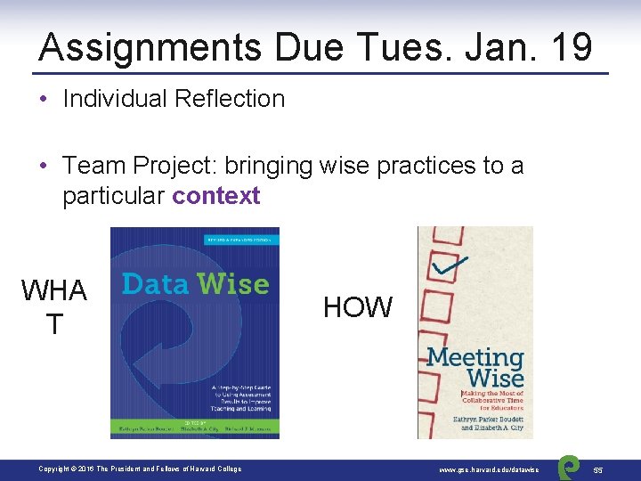 Assignments Due Tues. Jan. 19 • Individual Reflection • Team Project: bringing wise practices