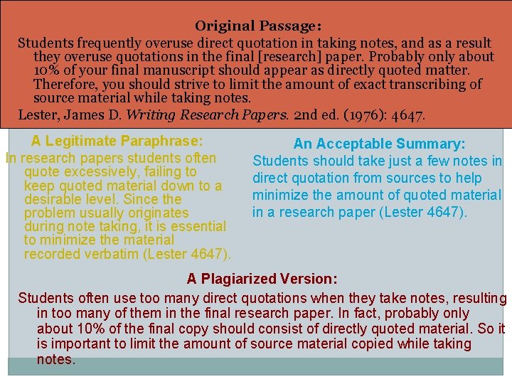 Original Passage: Students frequently overuse direct quotation in taking notes, and as a result