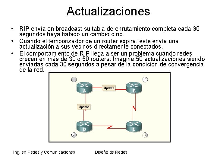 Actualizaciones • RIP envía en broadcast su tabla de enrutamiento completa cada 30 segundos Actualizaciones • RIP envía en broadcast su tabla de enrutamiento completa cada 30 segundos