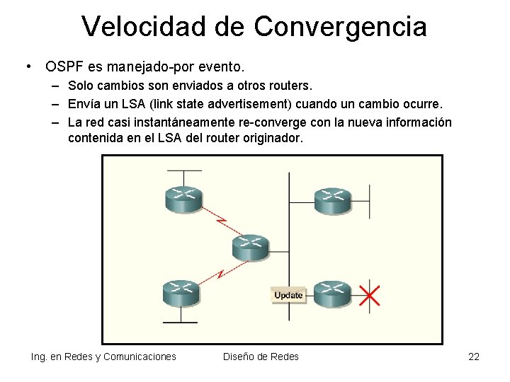 Velocidad de Convergencia • OSPF es manejado-por evento. – Solo cambios son enviados a Velocidad de Convergencia • OSPF es manejado-por evento. – Solo cambios son enviados a