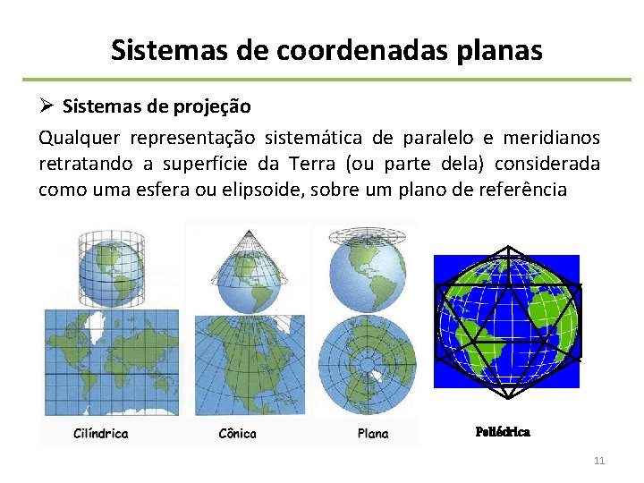Sistemas de coordenadas planas Ø Sistemas de projeção Qualquer representação sistemática de paralelo e