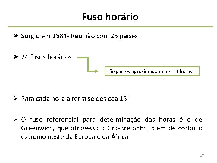 Fuso horário Ø Surgiu em 1884‐ Reunião com 25 países Ø 24 fusos horários