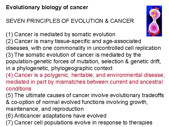 Evolutionary biology of cancer SEVEN PRINCIPLES OF EVOLUTION & CANCER (1) Cancer is mediated