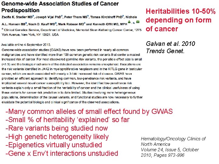 Heritabilities 10 -50% depending on form of cancer Galvan et al. 2010 Trends Genet.
