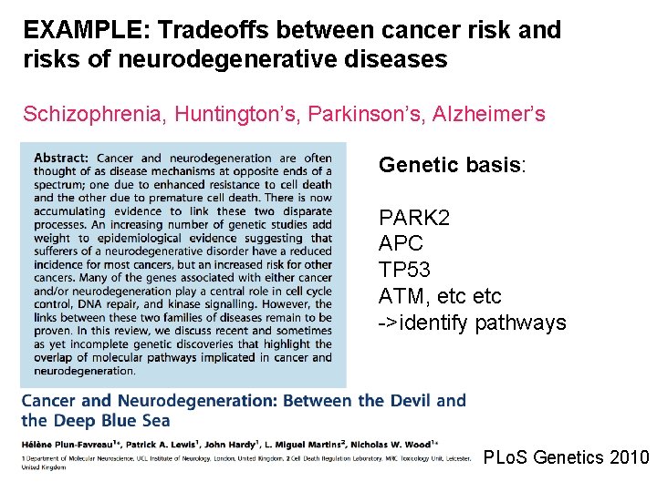 EXAMPLE: Tradeoffs between cancer risk and risks of neurodegenerative diseases Schizophrenia, Huntington’s, Parkinson’s, Alzheimer’s