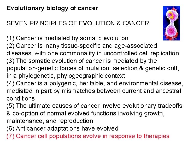 Evolutionary biology of cancer SEVEN PRINCIPLES OF EVOLUTION & CANCER (1) Cancer is mediated