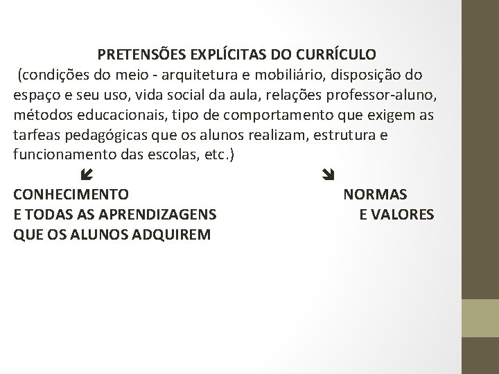 PRETENSÕES EXPLÍCITAS DO CURRÍCULO (condições do meio - arquitetura e mobiliário, disposição do espaço