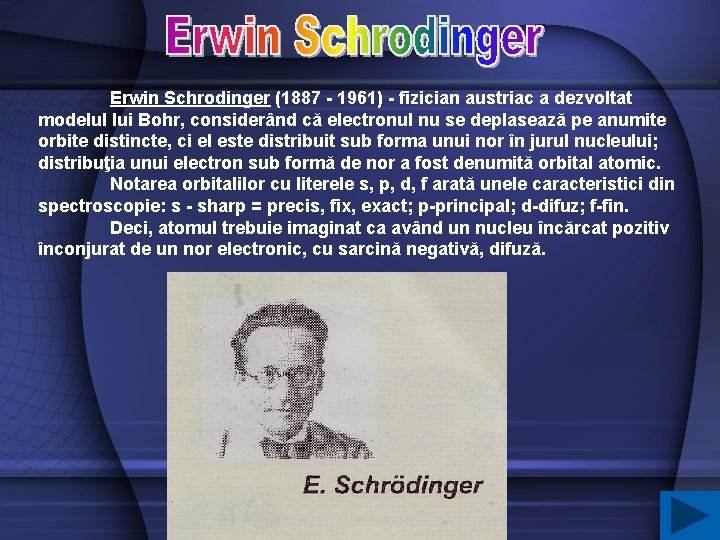 Erwin Schrodinger (1887 - 1961) - fizician austriac a dezvoltat modelul lui Bohr, considerând