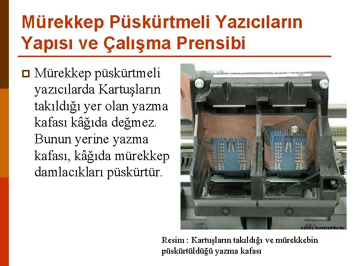 Mürekkep Püskürtmeli Yazıcıların Yapısı ve Çalışma Prensibi p Mürekkep püskürtmeli yazıcılarda Kartuşların takıldığı yer