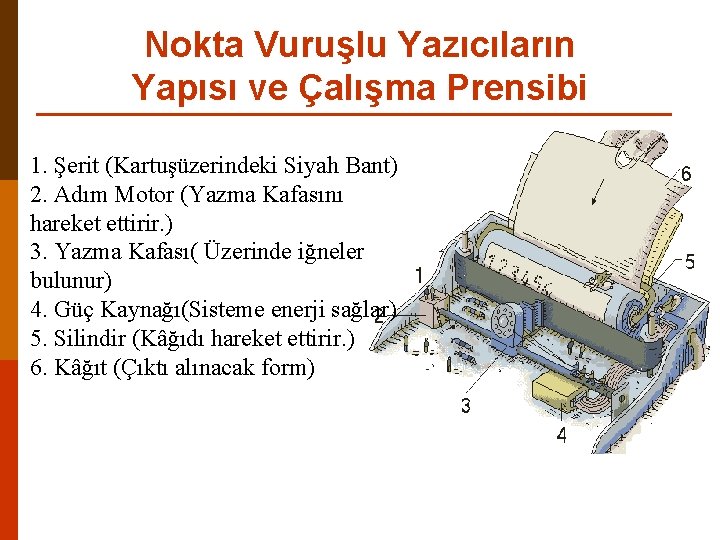 Nokta Vuruşlu Yazıcıların Yapısı ve Çalışma Prensibi 1. Şerit (Kartuşüzerindeki Siyah Bant) 2. Adım