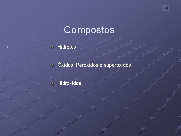 Compostos Hidretos Óxidos, Peróxidos e superóxidos Hidróxidos 
