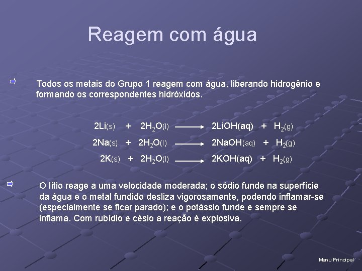 Reagem com água Todos os metais do Grupo 1 reagem com água, liberando hidrogênio