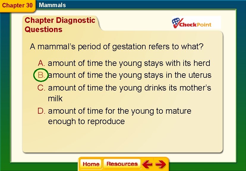 Chapter 30 Mammals Chapter Diagnostic Questions A mammal’s period of gestation refers to what?