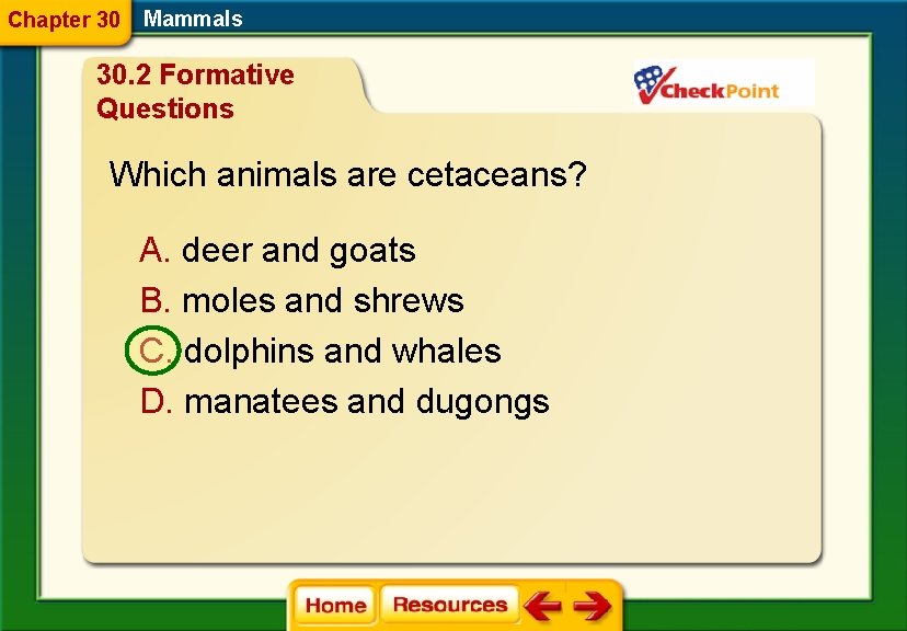 Chapter 30 Mammals 30. 2 Formative Questions Which animals are cetaceans? A. deer and