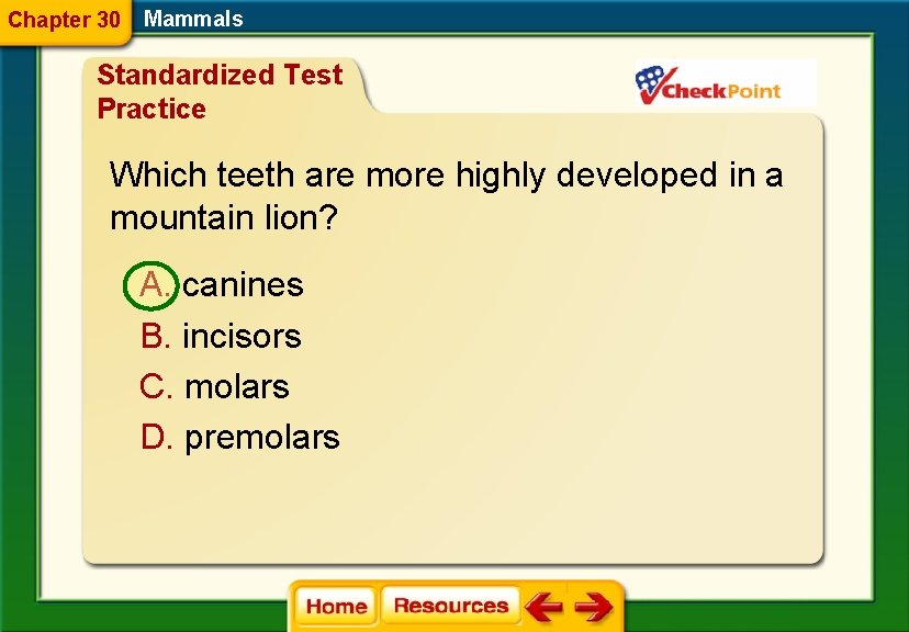 Chapter 30 Mammals Standardized Test Practice Which teeth are more highly developed in a