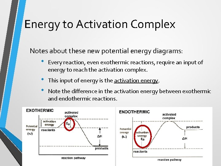 Energy to Activation Complex Notes about these new potential energy diagrams: • Every reaction,