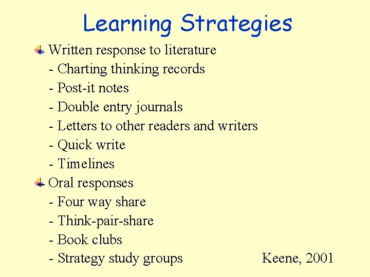 Learning Strategies Written response to literature - Charting thinking records - Post-it notes -