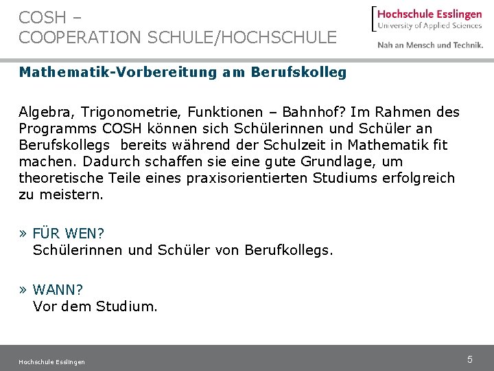 COSH – COOPERATION SCHULE/HOCHSCHULE Mathematik-Vorbereitung am Berufskolleg Algebra, Trigonometrie, Funktionen – Bahnhof? Im Rahmen