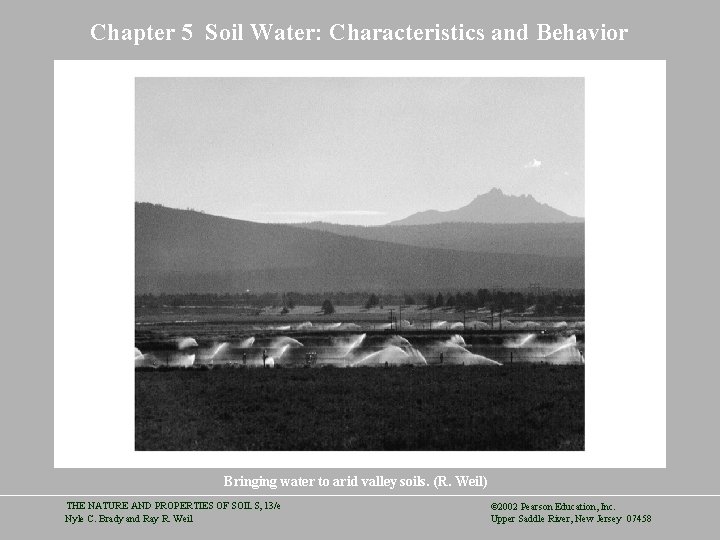 Chapter 5 Soil Water: Characteristics and Behavior Bringing water to arid valley soils. (R.