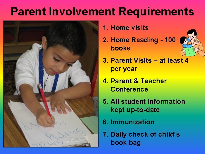 Parent Involvement Requirements 1. Home visits 2. Home Reading - 100 books 3. Parent