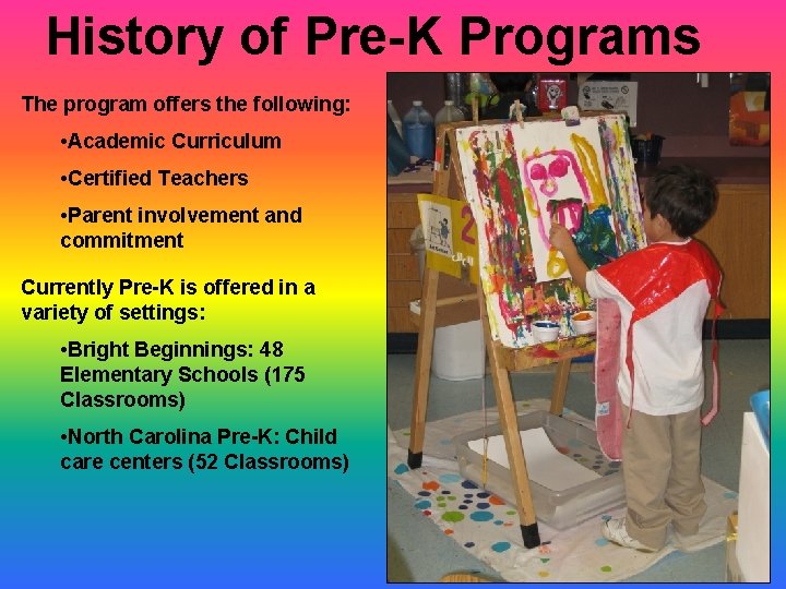 History of Pre-K Programs The program offers the following: • Academic Curriculum • Certified