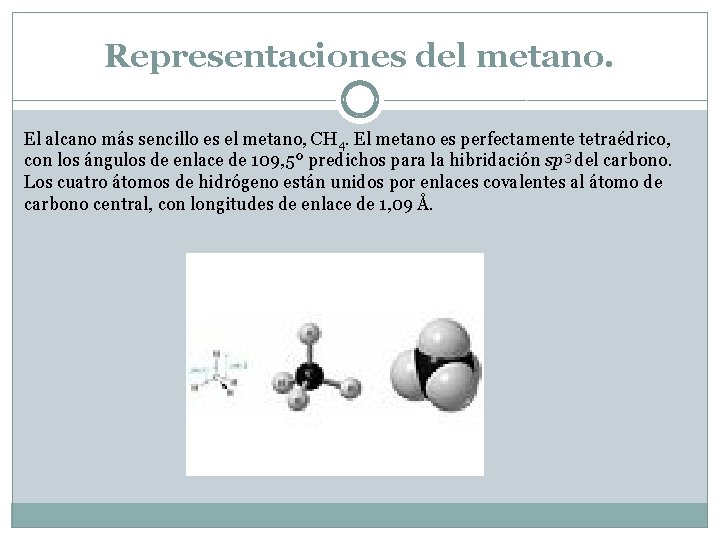 Representaciones del metano. El alcano más sencillo es el metano, CH 4. El metano
