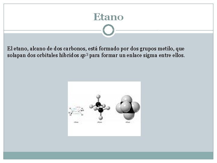 Etano El etano, alcano de dos carbonos, está formado por dos grupos metilo, que
