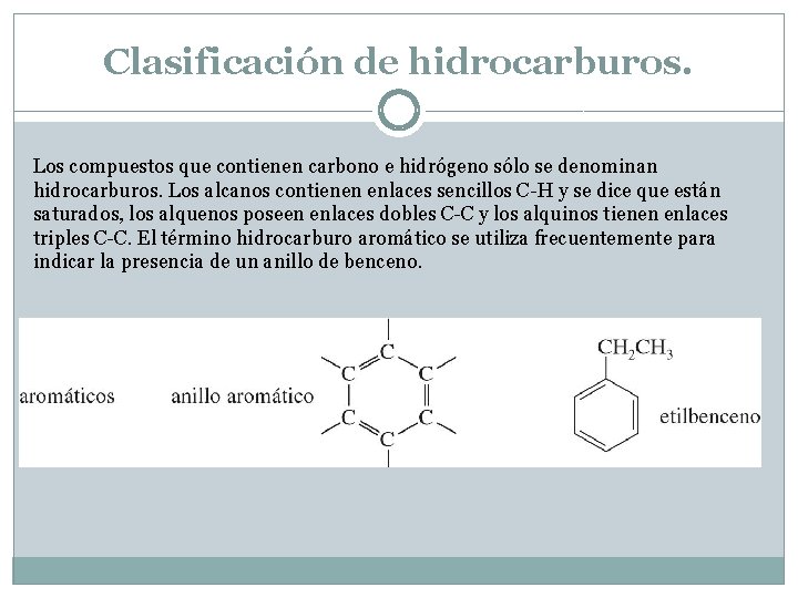 Clasificación de hidrocarburos. Los compuestos que contienen carbono e hidrógeno sólo se denominan hidrocarburos.