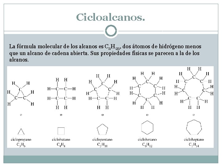 Cicloalcanos. La fórmula molecular de los alcanos es Cn. H 2 n, dos átomos