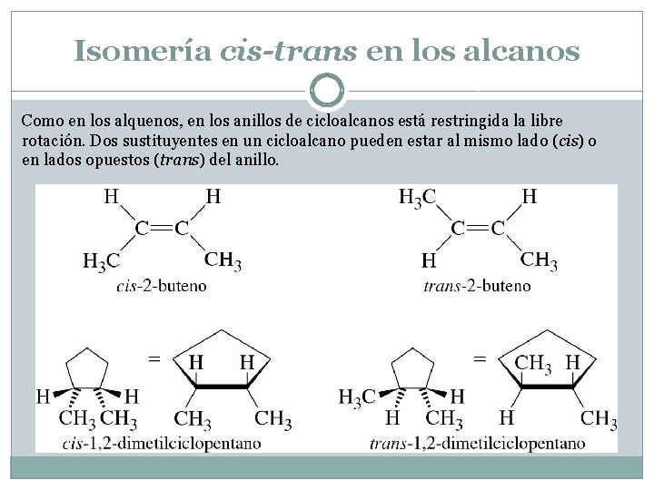 Isomería cis-trans en los alcanos Como en los alquenos, en los anillos de cicloalcanos